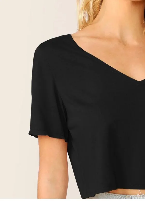 Verdusa Women's Solid V Neck Crop T Shirt Top Causal Short Sleeve Tee Top Size S - Image 4
