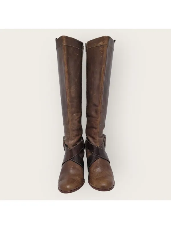 Frye Andrea Belted Tall Full Zip Brown Leather Riding Boot Size 10M 77321 - Image 11