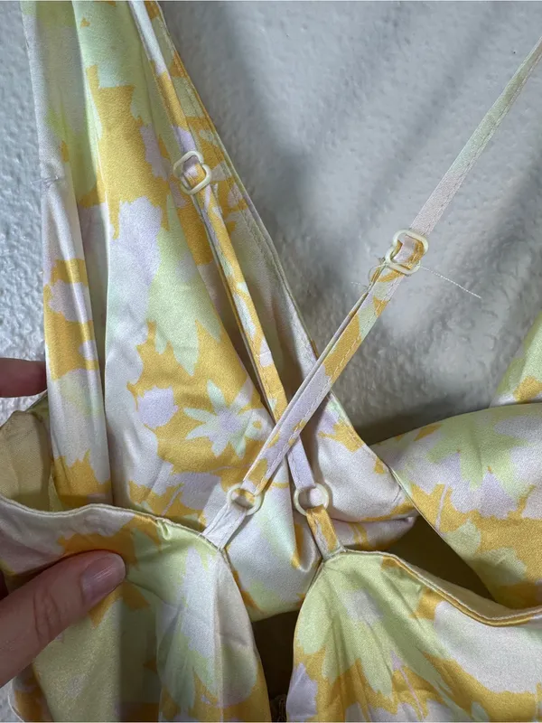 Fortunate One Yellow Floral Satin Maxi Dress Womens M Cutout Main Attraction - Image 10