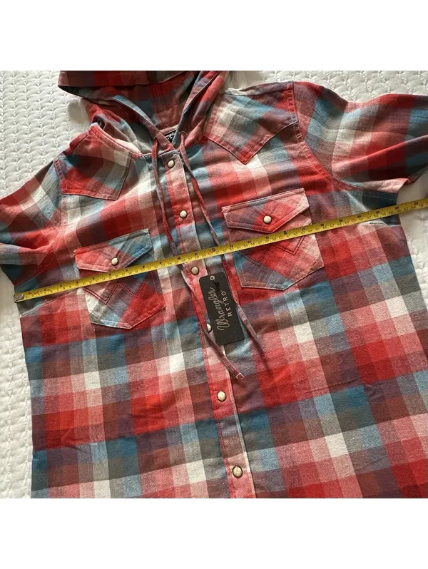 Wrangler Retro Hooded Plaid Western Shirt Snap Front Flannel Hoodie Red L Large - Image 4