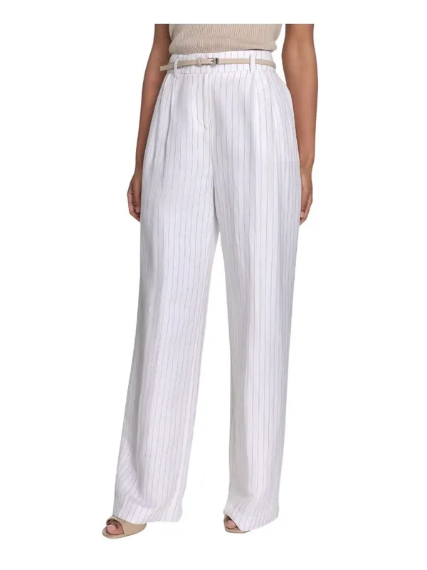 NEW Calvin Klein Pinstriped Pleated Linen Blend Lined Pants White / Khaki 16 - Image 11