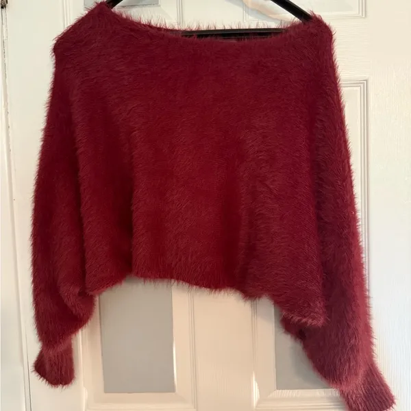 Altar'd State Fuzzy Off-Shoulder Crop Sweater in Deep Wine - Image 2