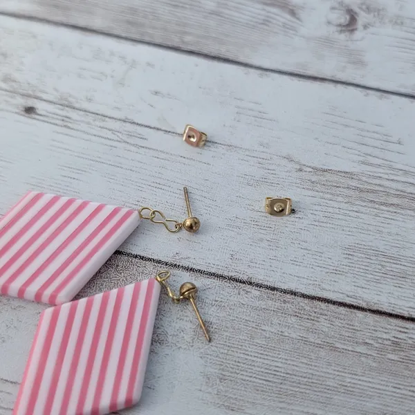 Vintage Stud Earrings Pink & White Striped Dangle - Image 5