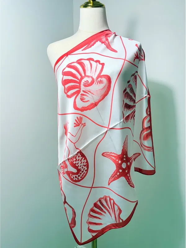 Coral Red and White Sea-Themed Satin Polyester Scarf with Mermaid and Shell Moti - Image 2