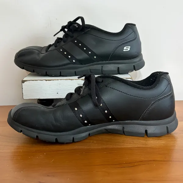 Skechers Womens Black Rhinestone Stripe‎ Sneakers Low Top Athletic Shoes 22420 - Image 2