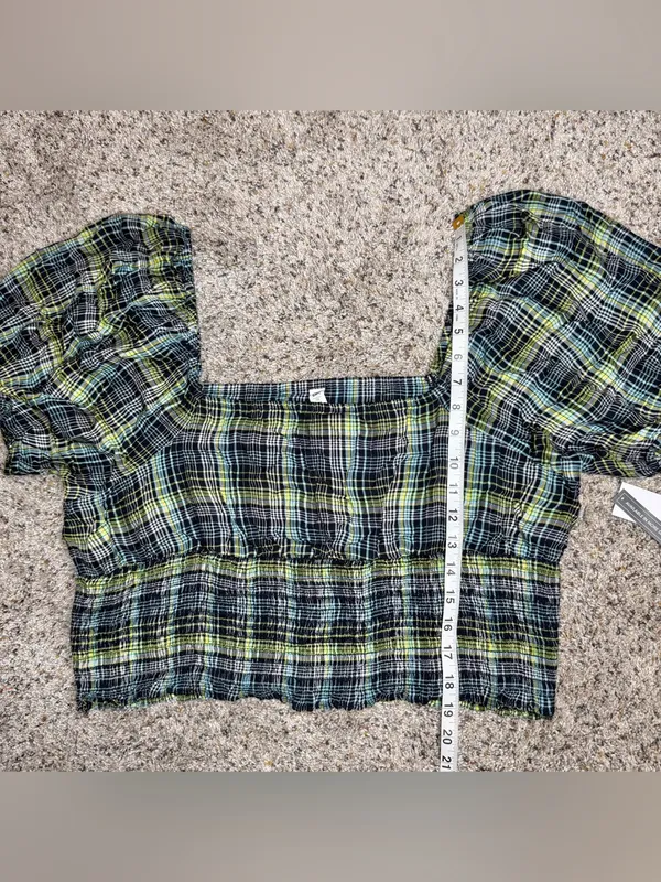 BP Plaid Square Neck Smocked Crop Top Blouse 1X Green Blue Black NWT Plus Size - Image 8