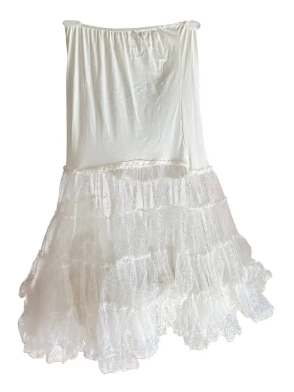 Vintage White Tiered Lace Skirt With Elastic Waist Tulle Layers And Flowy Design - Image 2