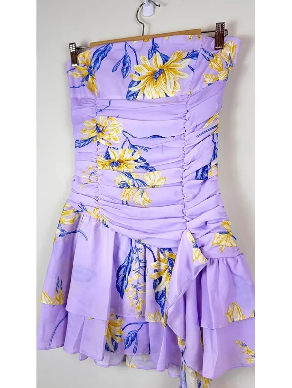Peppermayo Viviana Mini Dress Lavender Floral Ruched Strapless Ruffle US 6 - Image 3