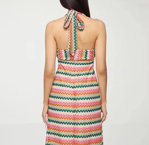 PREMIER AMOUR Crochet Midi Dress Womens Halter Stripe Slit Stretch Retro NWT - Image 2