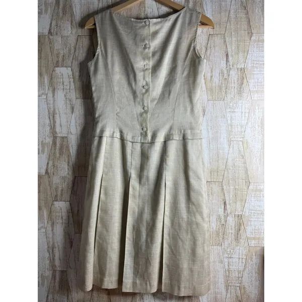 Vintage‎ KEITH Beige Linen Blend Sleeveless Pleated Sheath Dress Button Back - Image 2