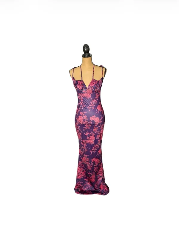 Marthea Floral Mermaid Maxi Dress M Purple Pink Bodycon Y2K Slip Spaghetti Strap - Image 2