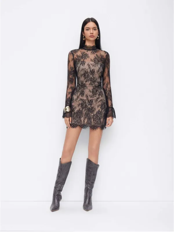 Cider Black Lace Stand Collar Long Sleeve Straight Mini Dress Size 10 - Image 2