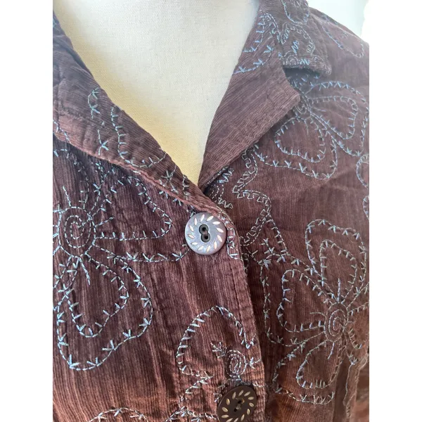 FLAX Brown Corduroy & Blue Floral Embroidery Button Up Jacket - Image 2