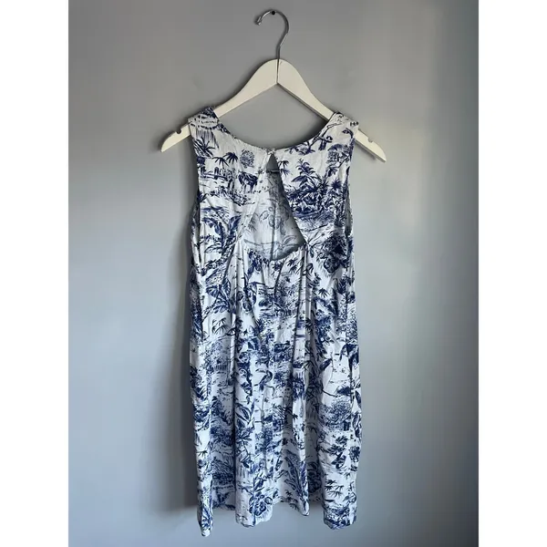 Joie Linen Toile Tank Dress Cutout Blue White French Aline Pockets Cottagecore M - Image 3