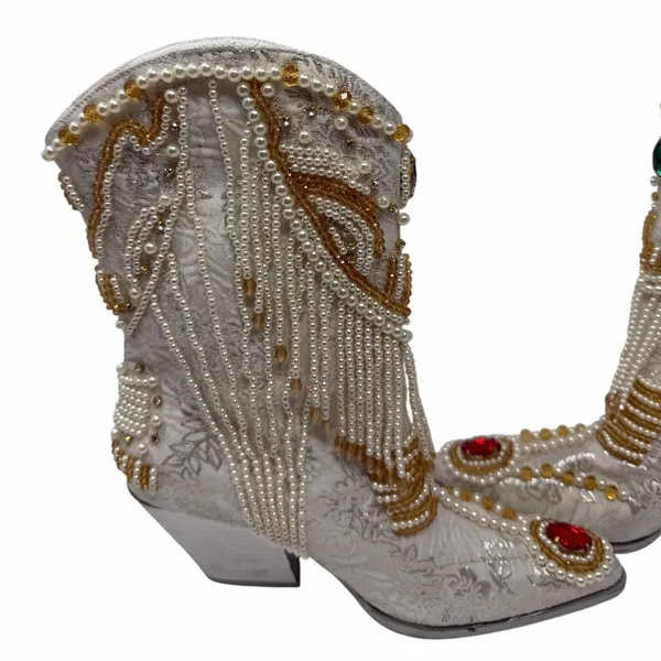 Azalea Wang Astounding White Jewel Beaded Pearl Western Cowboy Boots Size 6 - Image 9