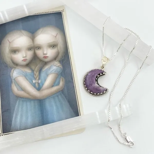 Crescent Moon Purple Lepidolite Worry Stone Solid Sterling Silver Necklace - Image 3