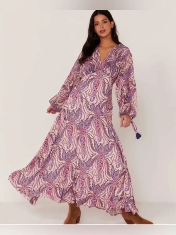 NWT Free People Purple Paisley Balloon Sleeve ‘Mirage’ Tassel Maxi Dress, Size 8 - Image 3