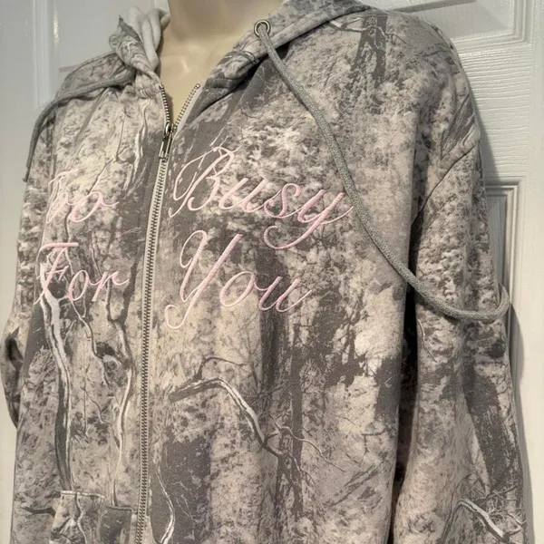 Cult Favorite Camo Zip Hoodie Womens Small Gray Pink Too Busy For You Y2K Fleece - Image 4