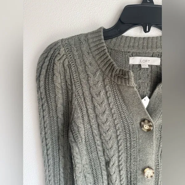 NWT LOFT Green Button-Up Cable Knit Preppy Cardigan Sweater Cotton Wool Blend - Image 4