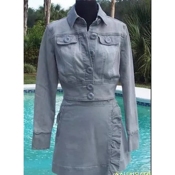 Cache Gray Denim Wrap Ruched Skirt Off Set Side Zip Pull Stretch $98 NWT Size 8 - Image 5