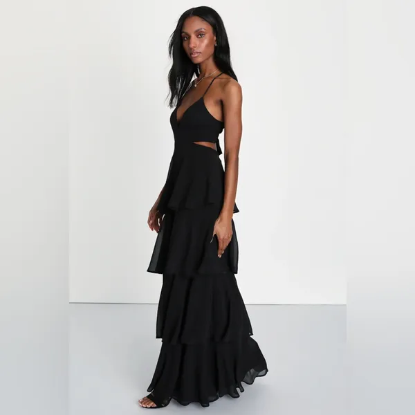 Lulus Tier and Now Black Tie-Back Tiered Maxi Dress - Image 3