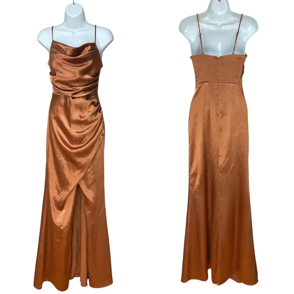 Birdy Grey Bridesmaid Dress Lydia Rust Satin Cowl High Slit Size XS Summer Fall - Image 7