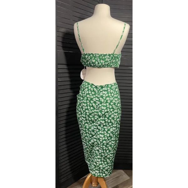 SHEIN Green Floral‎ Ruched Crop Top & High Slit Maxi Skirt Set Women's Size S - Image 5