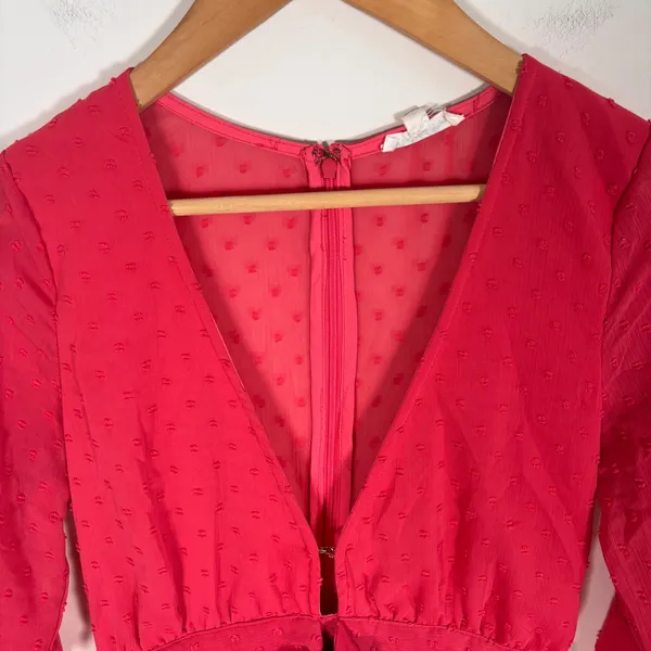 For Love & Lemons Coral Clip Dot Ruffle Mini Dress Deep V-Neck Long Sleeve Small - Image 7