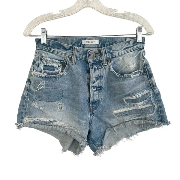 Moussy Vintage denim shorts feature a light blue wash distressed size 25 - Image 2