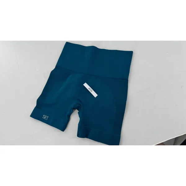 Set Active Seamless High Waisted Biker Shorts Blue XS Ribbed Compression Workout - Image 7