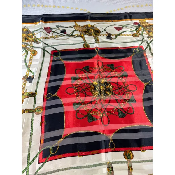 Vintage Equestrian Chain Print Square Scarf Red Black Gold‎ Tassel Sheer Stripe - Image 2