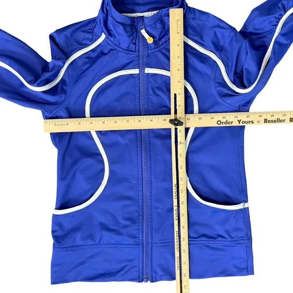 Lululemon Asana Blue Zip Up Track Jacket White Piping Thumbholes Size S / M - Image 3