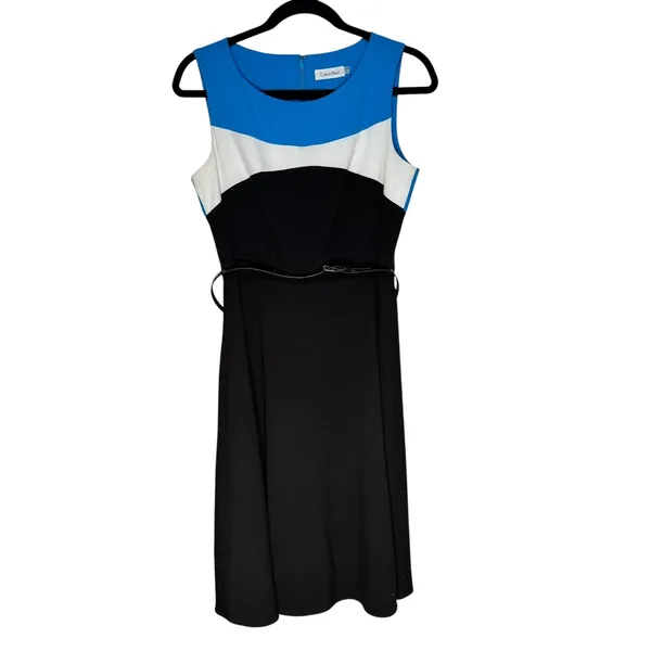 Calvin Klein Color Block‎ Sheath Dress Sleeveless Career Belted Blue Black - Image 10