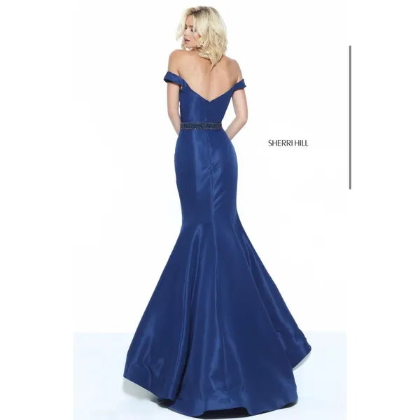 NWT Sherri Hill 50950‎ Navy Blue Off Shoulder Taffeta Mermaid Gown Size 2 $550 - Image 2
