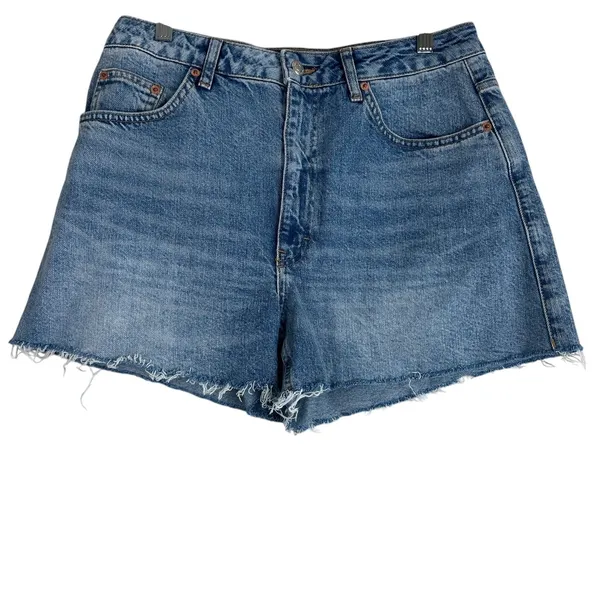 Topshop Cutoff Jean Shorts Medium‎ Wash Denim Raw Hem High Rise Western Size 8 - Image 2