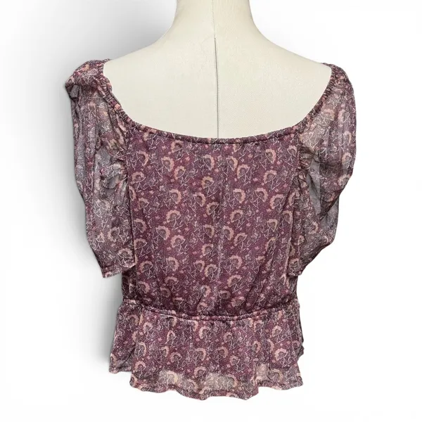 American Eagle Faux Wrap Cropped Blouse Top Sheer Purple Floral XL - Image 3