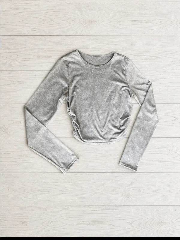 SHEIN Gray Marled Long Sleeve Crop Top Stretch Fitted Casual Size L - Image 2