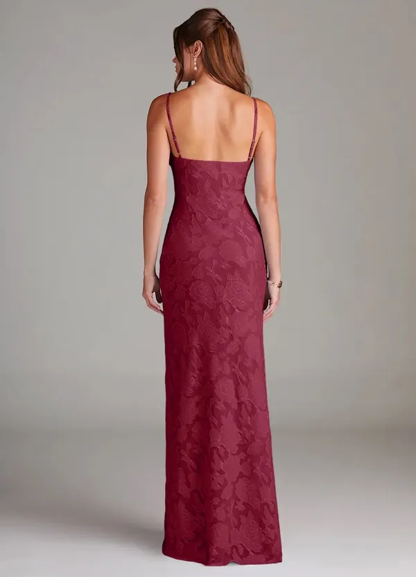 Azazie Burgundy Sheath Lace Floral Burnout Dress - Image 2