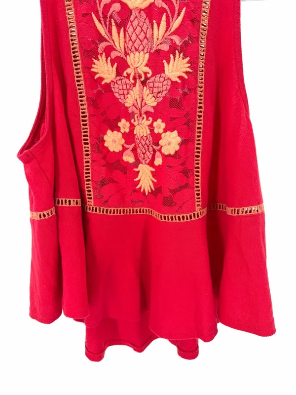 Free People Boho Cottagecore Pineapple Lace Embroidered Flora Swing Tank Top - Image 6