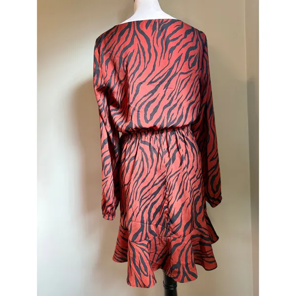 EXPRESS brown Red Black Tiger Print Y2K boho Long Sleeve Wrap‎ Mini Dress M - Image 2