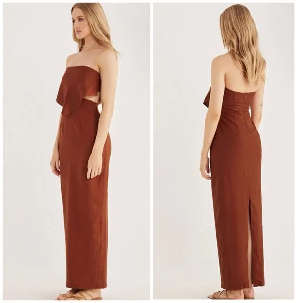 Revolve Rumer Roam Bandana‎ Maxi Linen Chocolate Brown Cutouts Dress Med NWT - Image 2