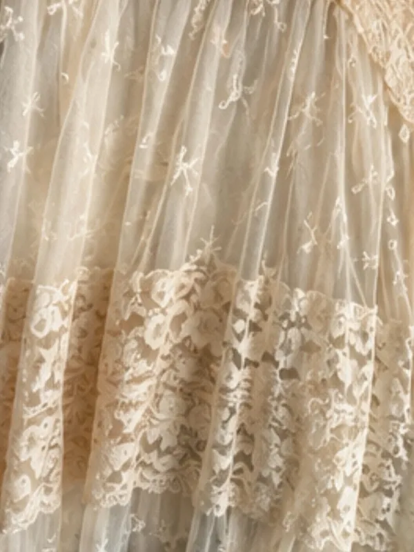 Vintage Boho Fairycore Lace Mesh Tiered Midi Skirt Cream Ivory Sheer Romantic S - Image 2