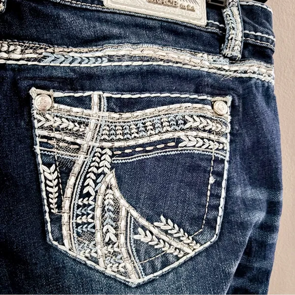 Grace in LA Bootcut Jeans Size 31 Dark Wash Embroidered Bling Western Y2K Boho - Image 5
