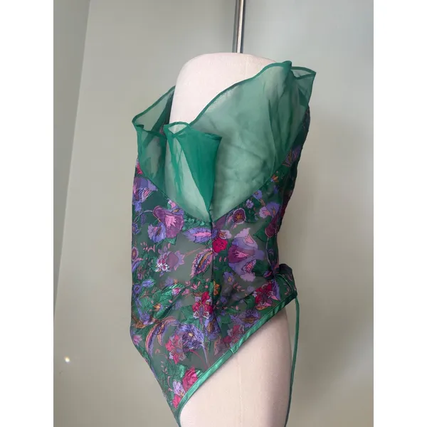 VTG Victorias Secret Gold Label Green Floral‎ Chiffon Bodysuit Medium 90s whimsi - Image 3