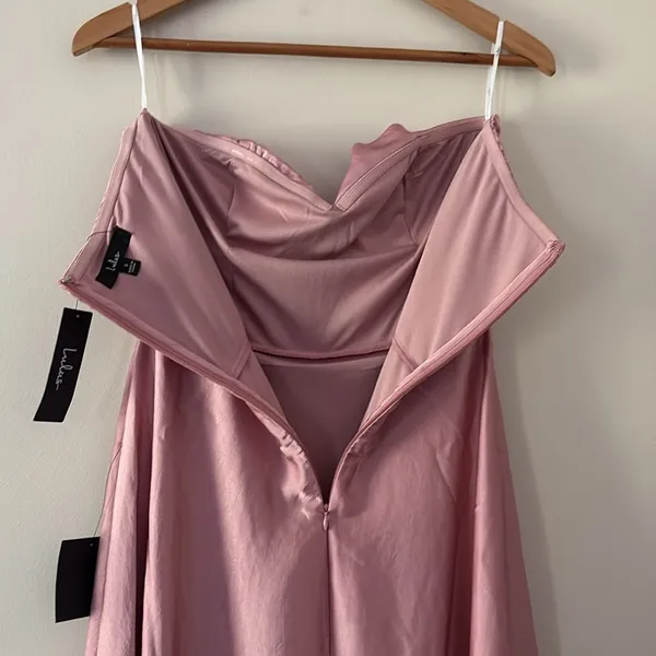 Lulus Maxi Dress Real Romantic Light Rose Pink Satin Strapless Flowy Size S - Image 11
