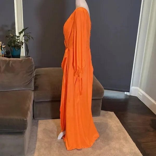 Women’s Orange Full Length Long Sleeve Dress Leg Slit Corset Back Size 14 *READ - Image 7