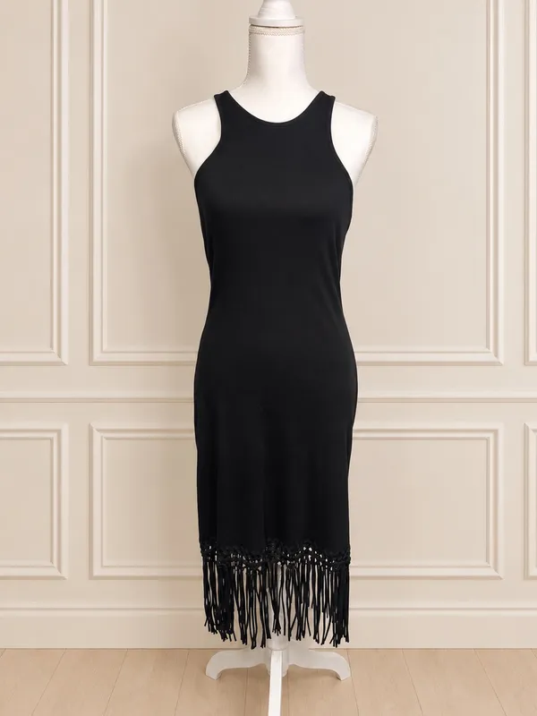 NWOT French Connection Black Ribbed Fringe Hem Midi Dress Size L Boho Swing - Image 6