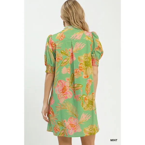 Umgee Botanical Print Dress with Smocked Cuffs - Mint - Small - Image 5