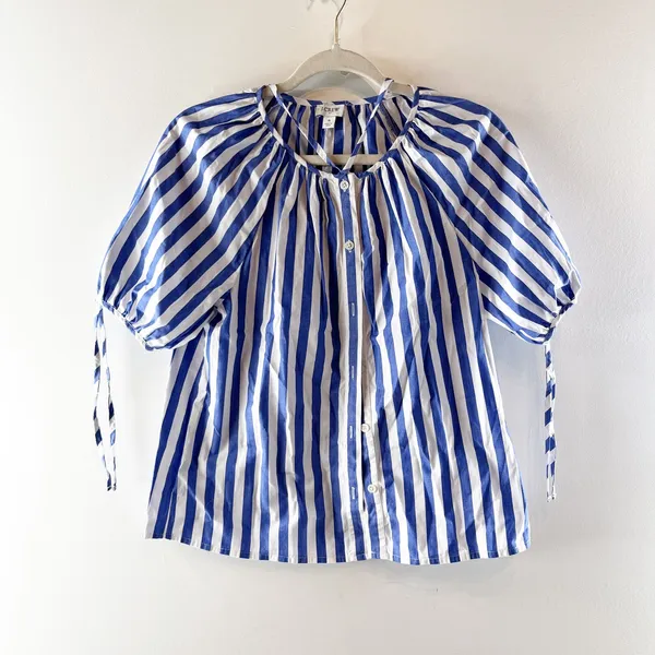 J. Crew Striped Button-Front Top with Tie Sleeves Brilliant Blue White Small - Image 3
