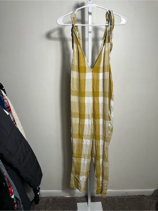 H26. Free People Mustard & White Plaid Tie-Shoulder Linen Jumpsuit - Image 5